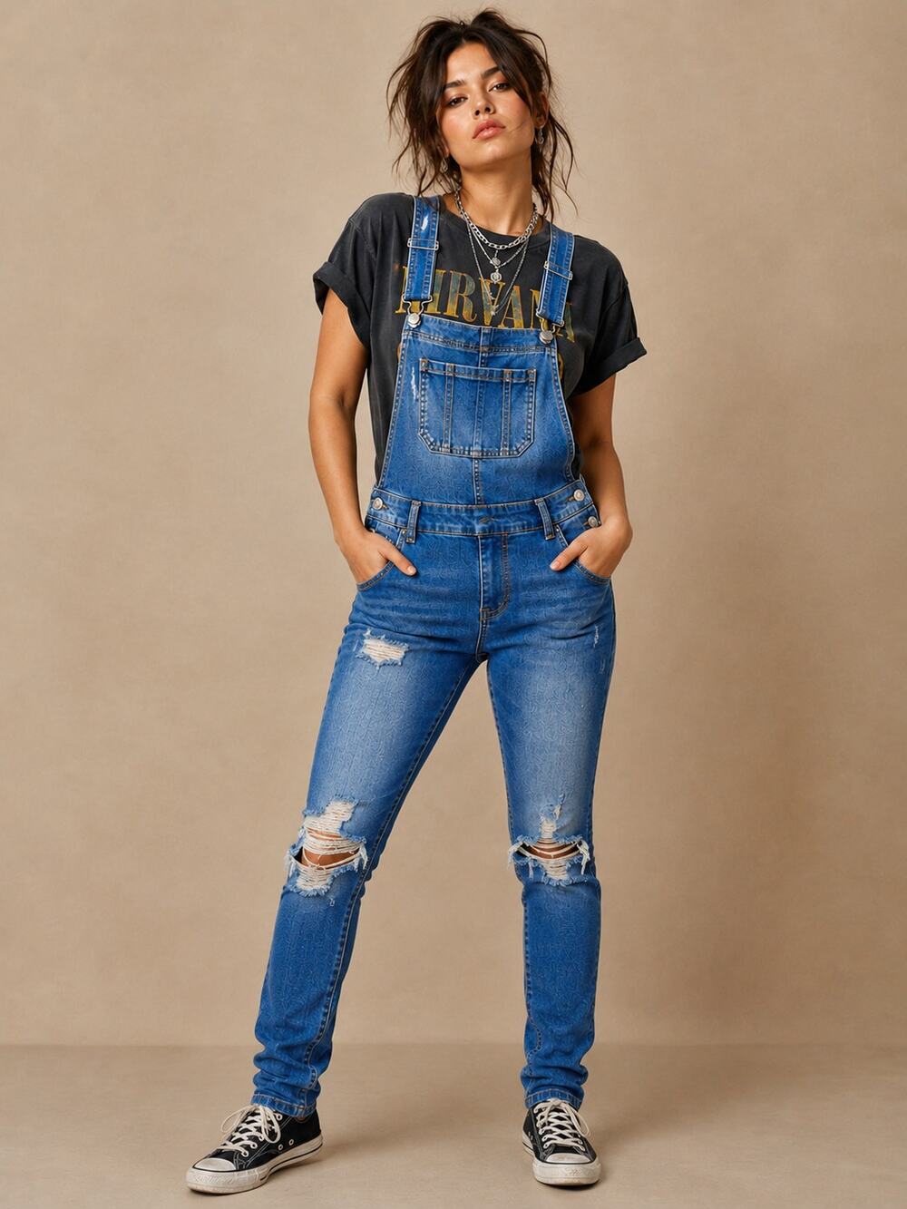 Denim Skinny Overalls Medium Wash Bib Jeans Size S Distressed